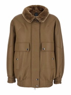 Blancha Brown Bomber Jacket With Fur Collar And Patch Pockets In Leather Woman