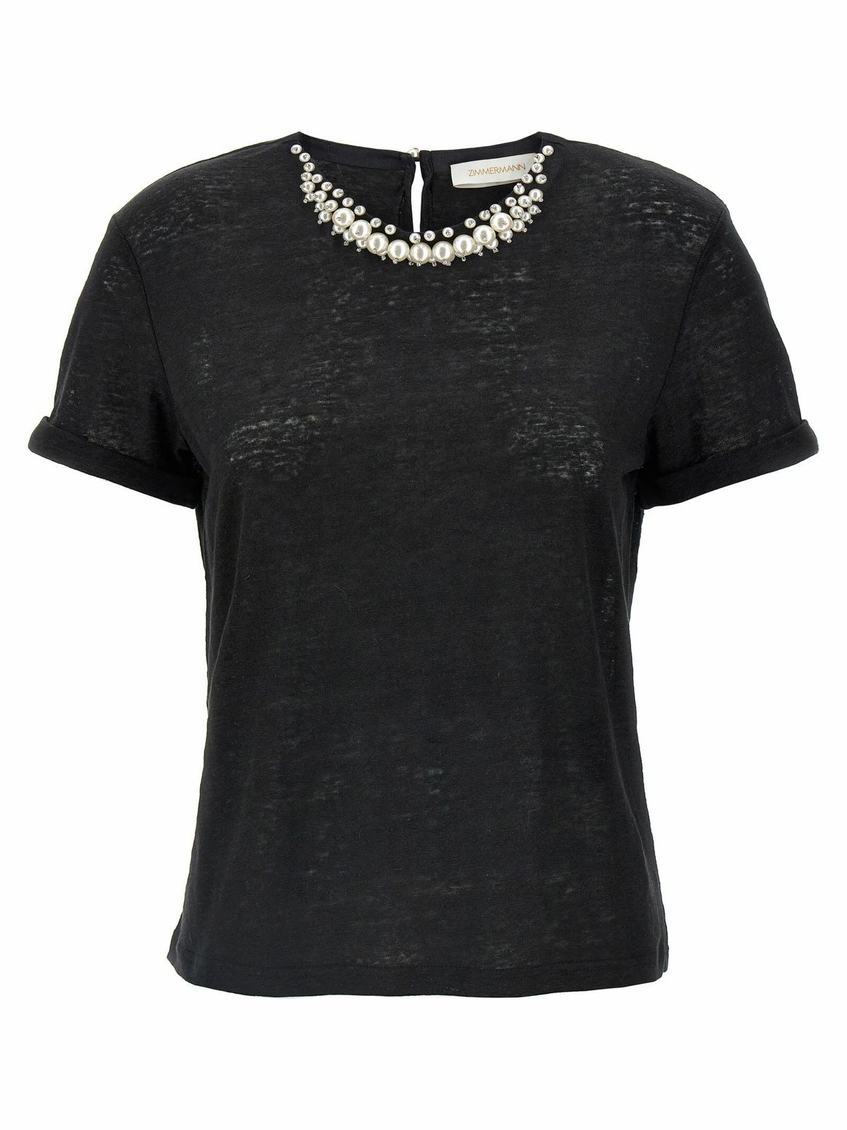 Zimmermann Crush Embellished Linen T-shirt Black Zimmermann