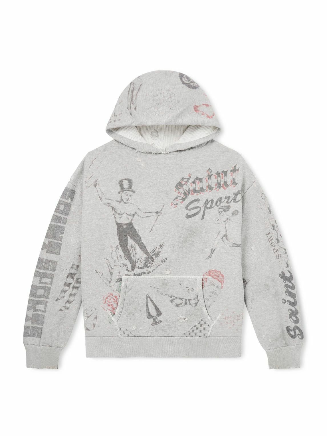 SAINT MXXXXXX - Printed Distressed Cotton-Jersey Hoodie - Gray