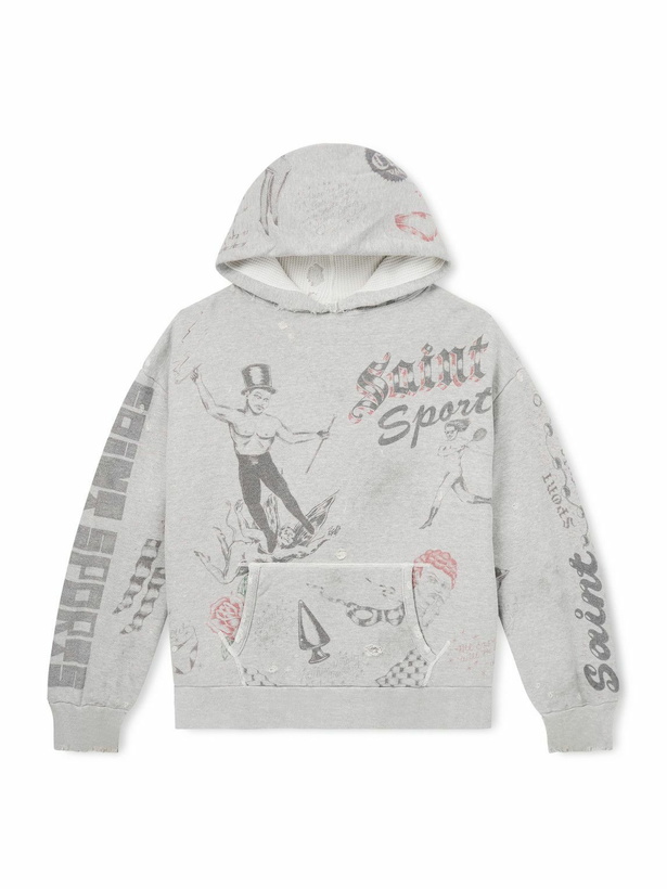 Photo: SAINT MXXXXXX - Printed Distressed Cotton-Jersey Hoodie - Gray
