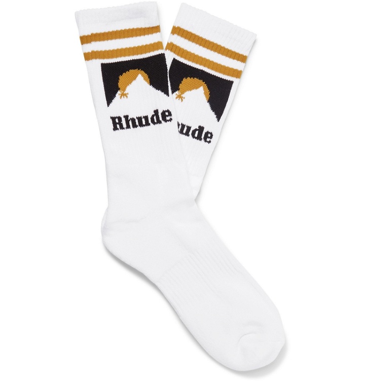 Photo: Rhude - Logo-Jacquard Ribbed Stretch-Cotton Socks - White