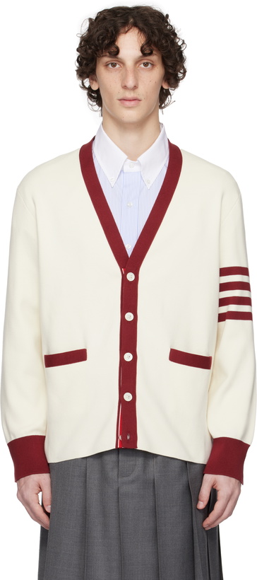 Photo: Thom Browne Off-White Milano Stitch 4-Bar V Neck Rugby Cardigan