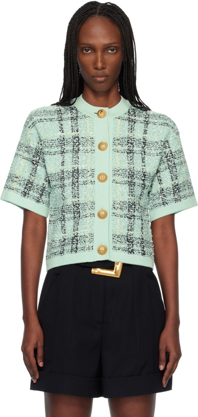 Photo: BALMAIN Green Buttoned Shiny Light Tweed Cardigan