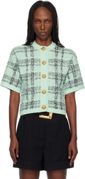 BALMAIN Green Buttoned Shiny Light Tweed Cardigan