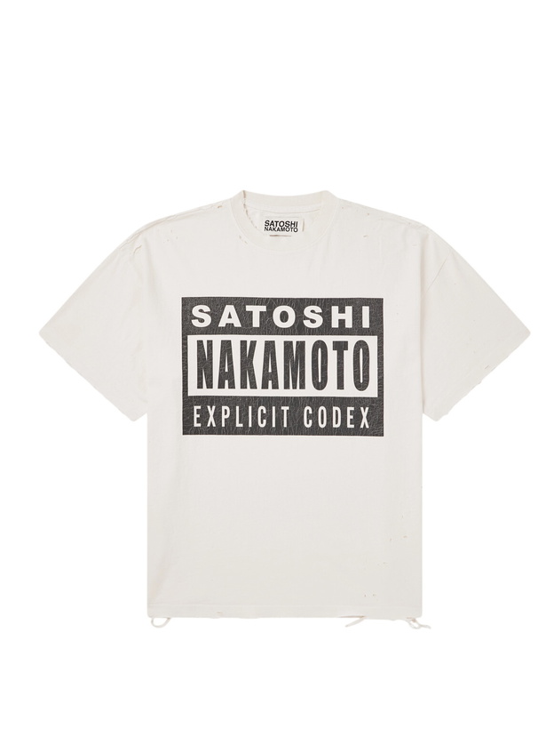 Photo: Satoshi Nakamoto - Explicit Codex Logo-Print Distressed Cotton-Jersey T-Shirt - White