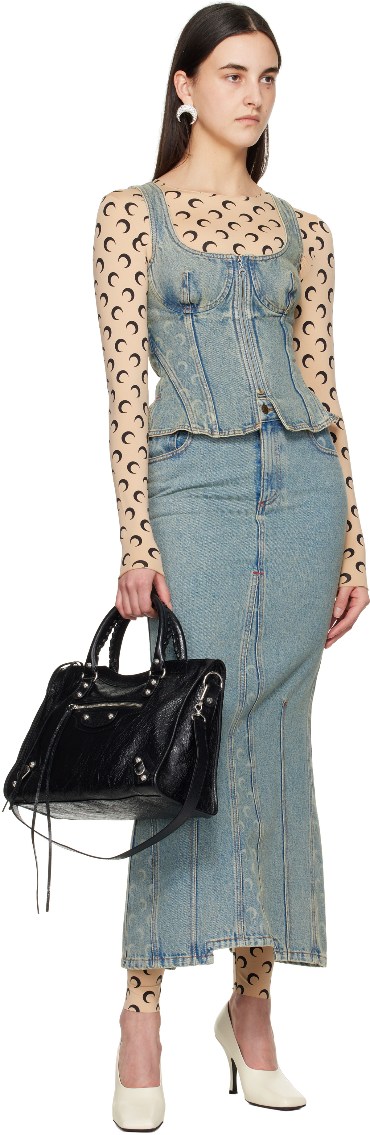Marine Serre Blue Moon Laser Denim Maxi Skirt