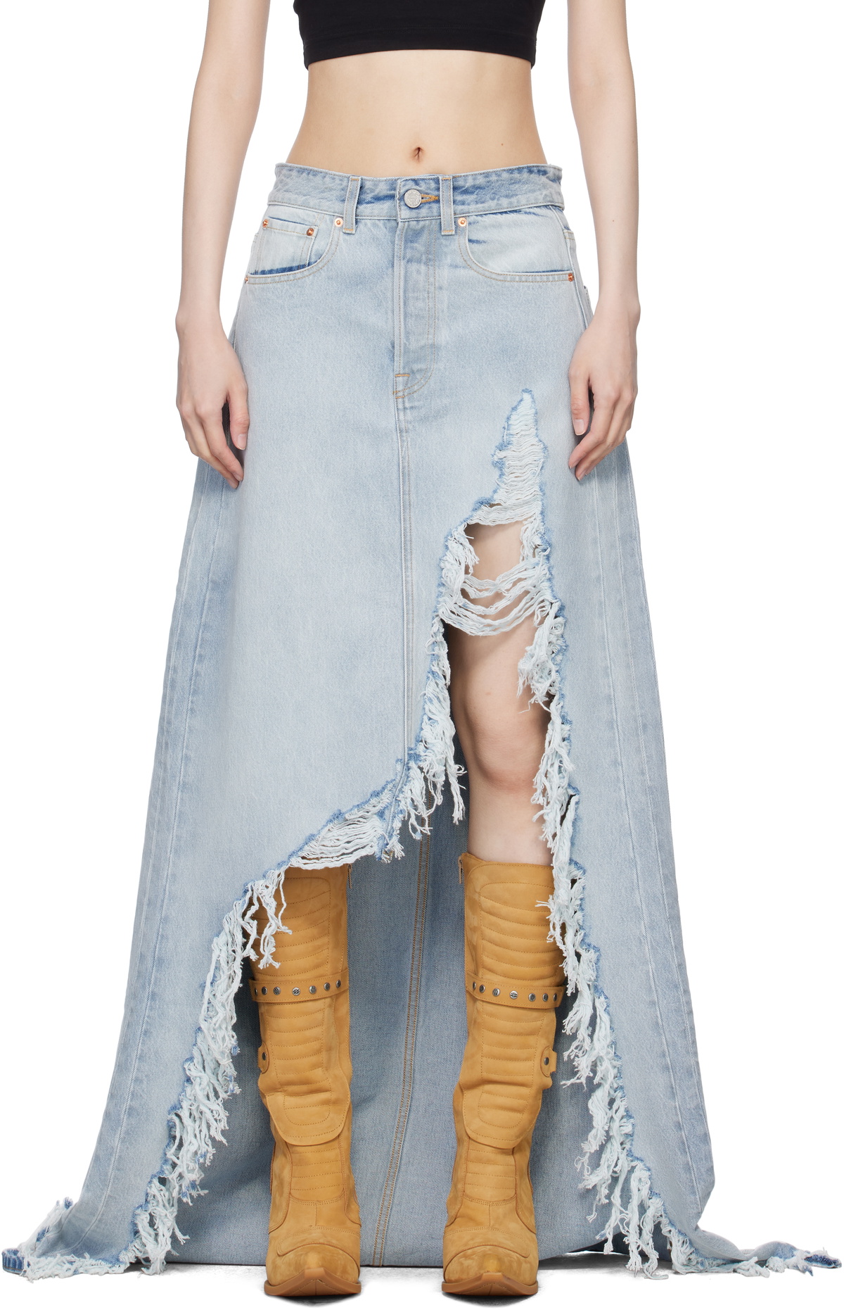 VETEMENTS Blue Destroyed Denim Maxi Skirt Vetements