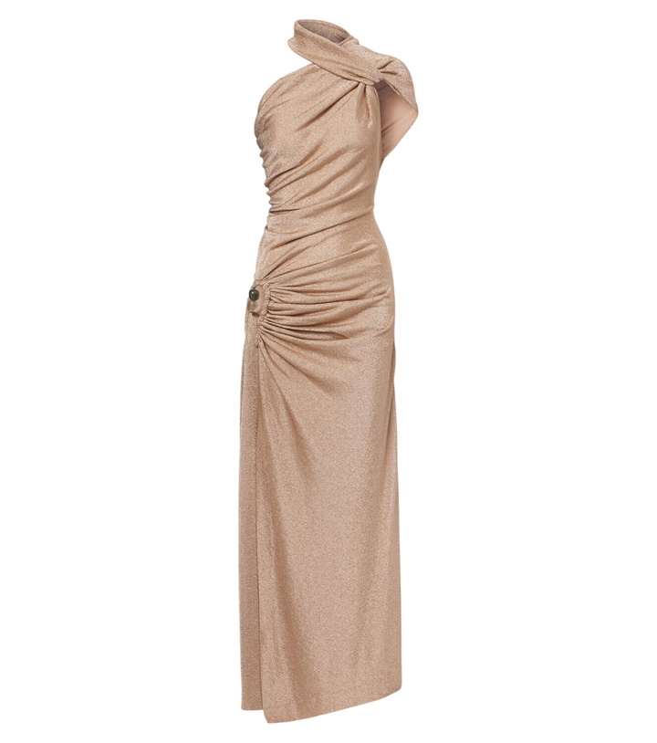 Photo: Christopher Esber Embellished one-shoulder jersey lamé gown