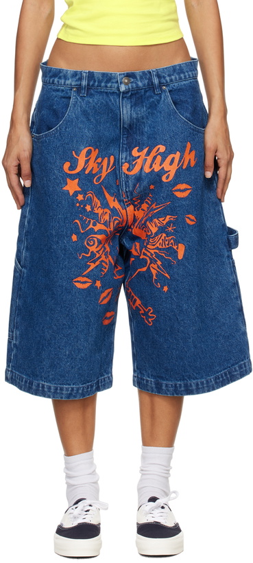 Photo: Sky High Farm Workwear Blue Mindblown Print Denim Shorts