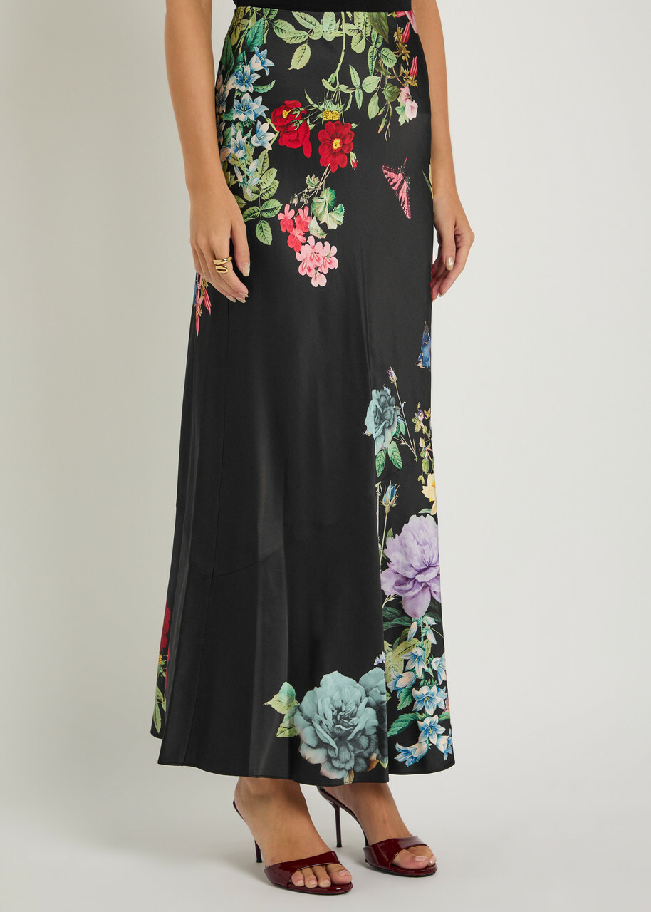 Alice + Olivia Terese Floral-print Satin Maxi Skirt Black