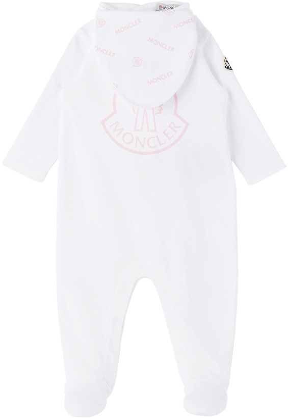 Photo: Moncler Enfant Baby White Printed Jumpsuit & Bib Set