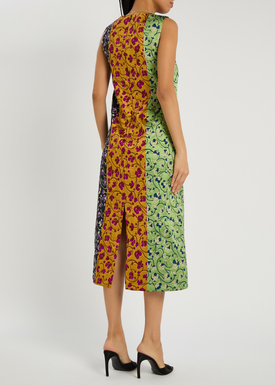 LA Double J Column Floral-jacquard Woven Midi Dress Yellow