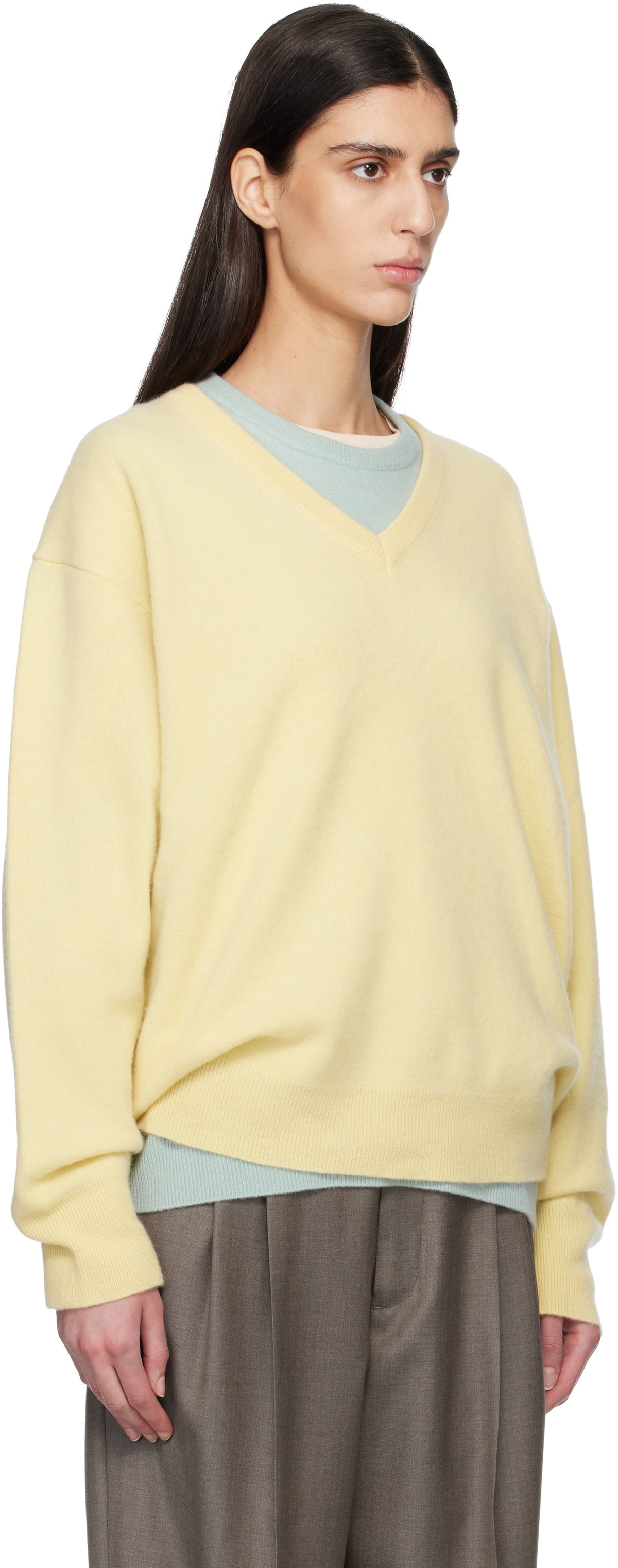 ssstein Yellow Pure Cashmere Knit V Neck LS Sweater