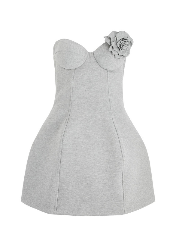 Photo: Giuseppe DI Morabito Flower-embellished Strapless Jersey Mini Dress Grey