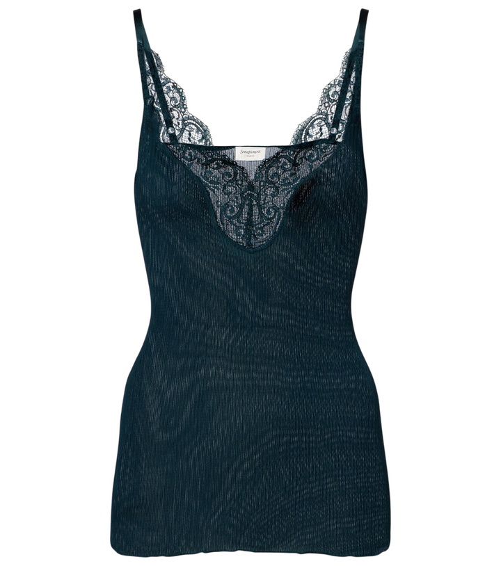 Photo: Saint Laurent Lace-trimmed ribbed-knit silk tank top