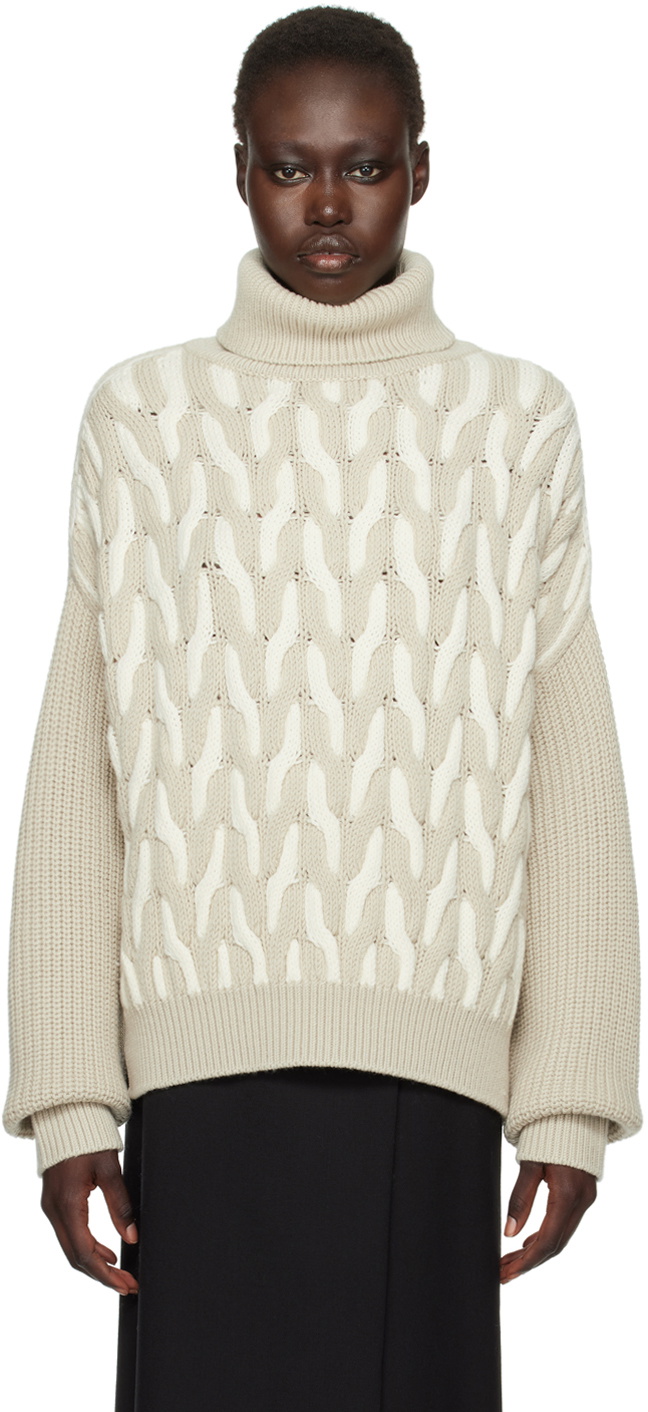 BOSS Beige & Off-White Two-Tone Cable Turtleneck