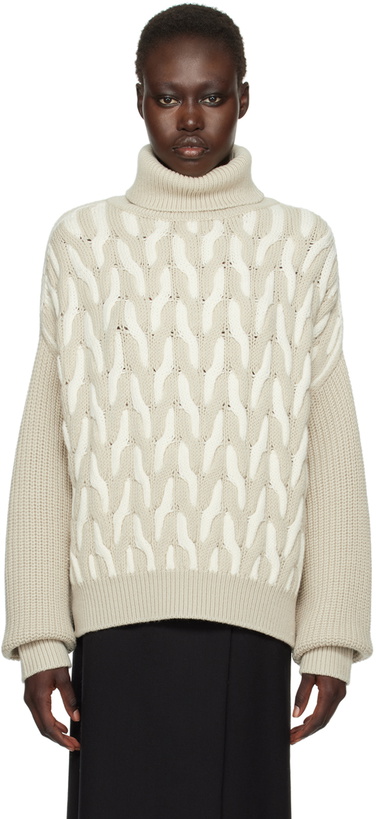 Photo: BOSS Beige & Off-White Two-Tone Cable Turtleneck