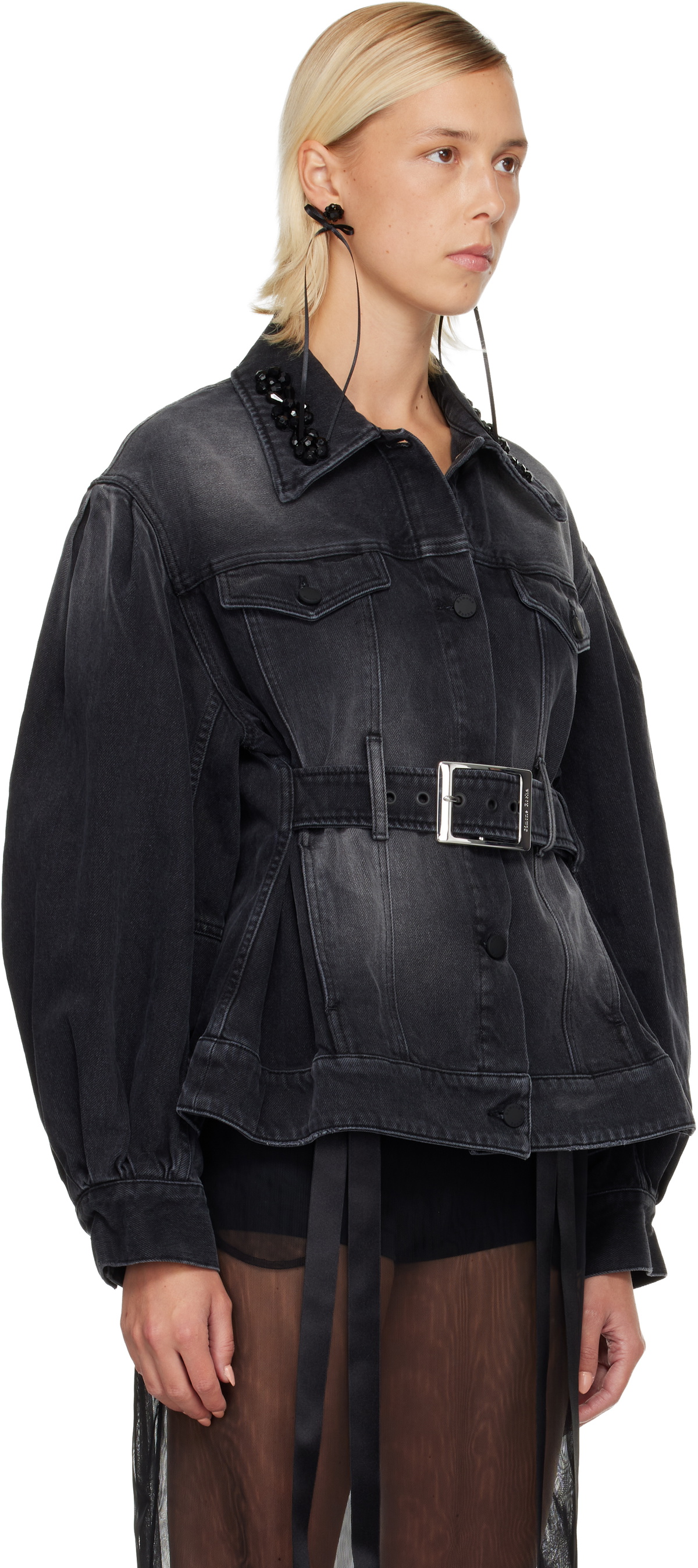 Simone Rocha Black Embellished Sculpted Belt Detail Denim Jacket