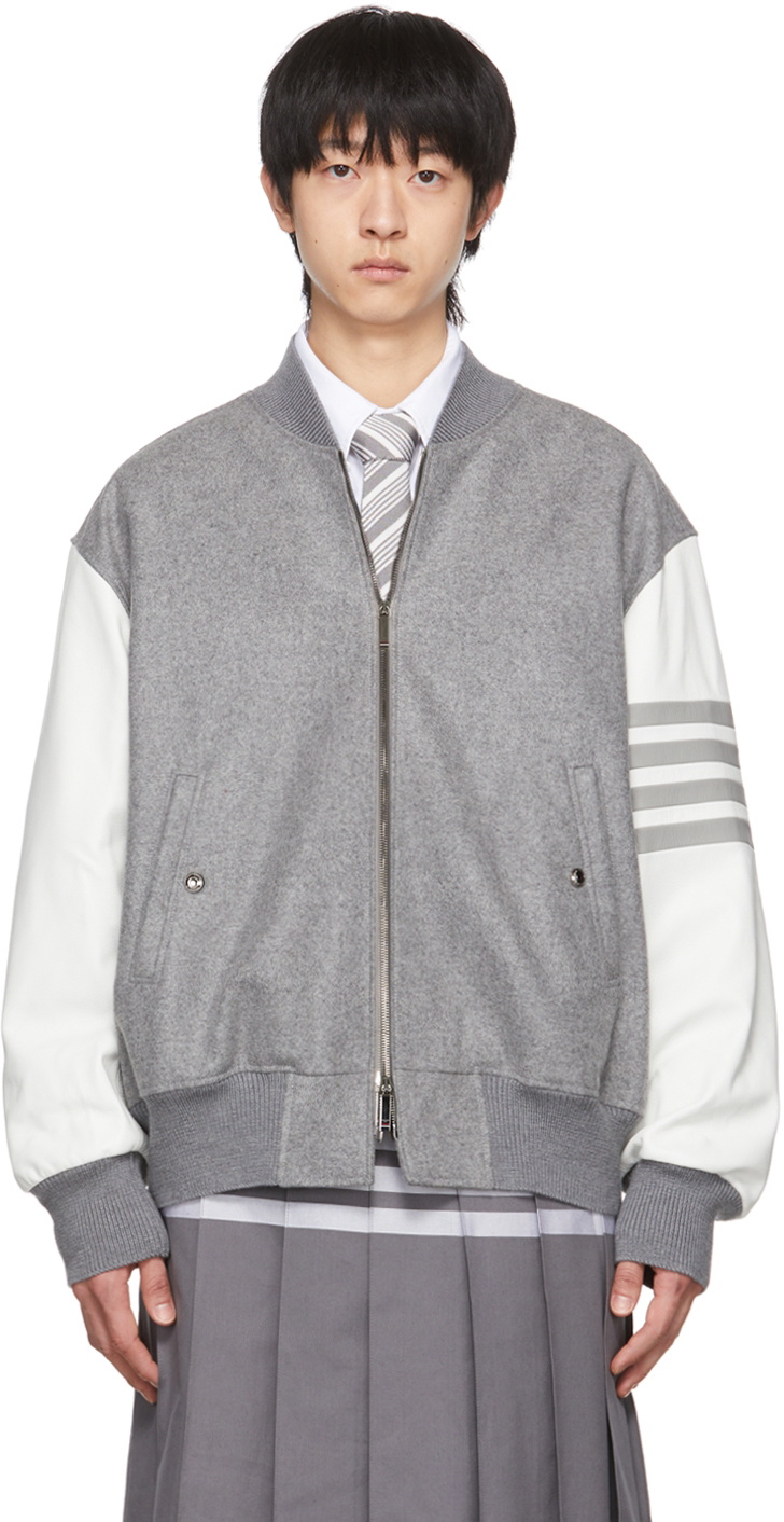 Thom Browne Grey Wool 4-Bar Melton Bomber Jacket Thom Browne