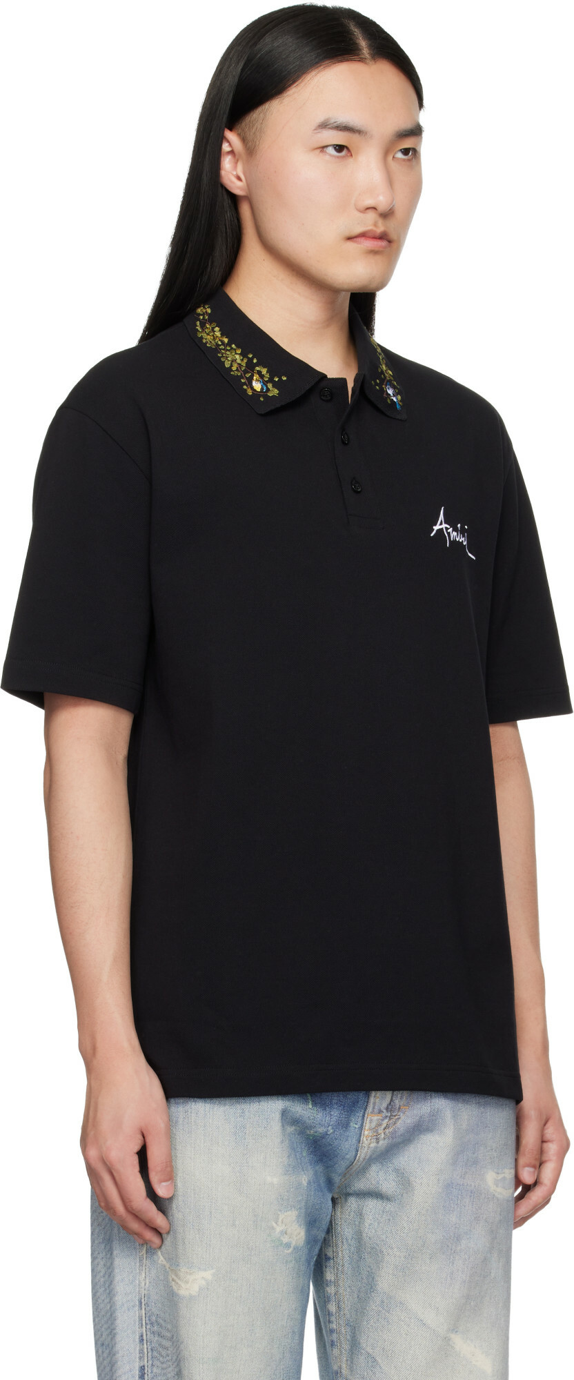 AMIRI Black 'AMIRI' Floral Collar Polo