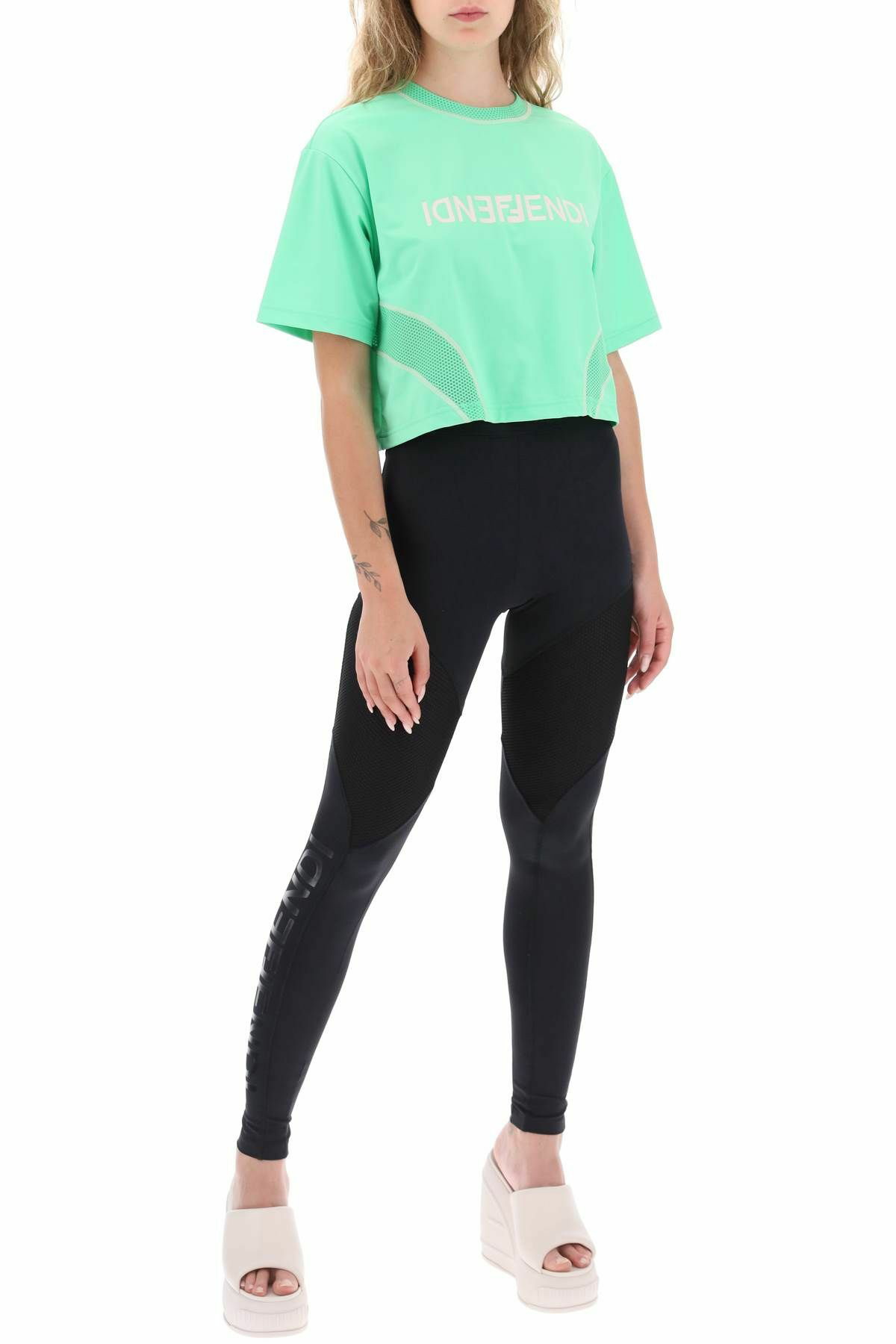 FENDI lycra cropped t-shirt with logo Green Fendi