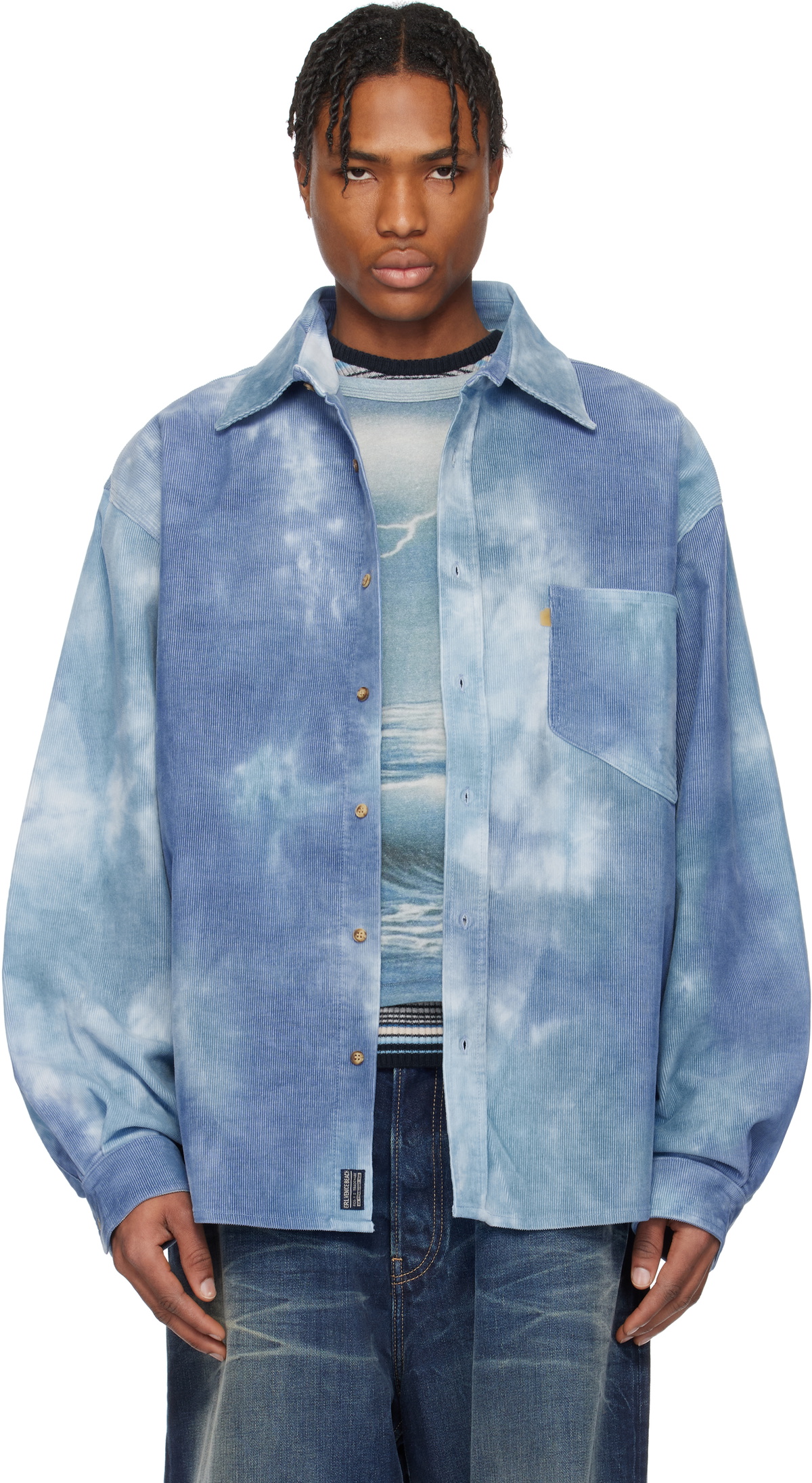 トップス ERL EMBROIDERED CORDUROY OVER SHIRT ERL Blue Tie-Dye Corduroy Overshirt ERL