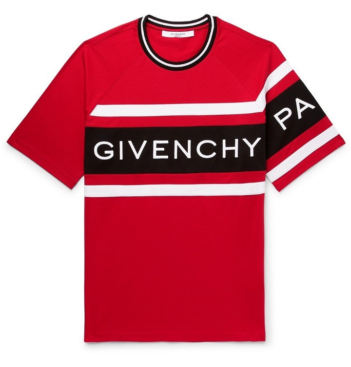 Photo: Givenchy - Slim-Fit Logo-Embroidered Striped Cotton-Jersey T-Shirt - Red