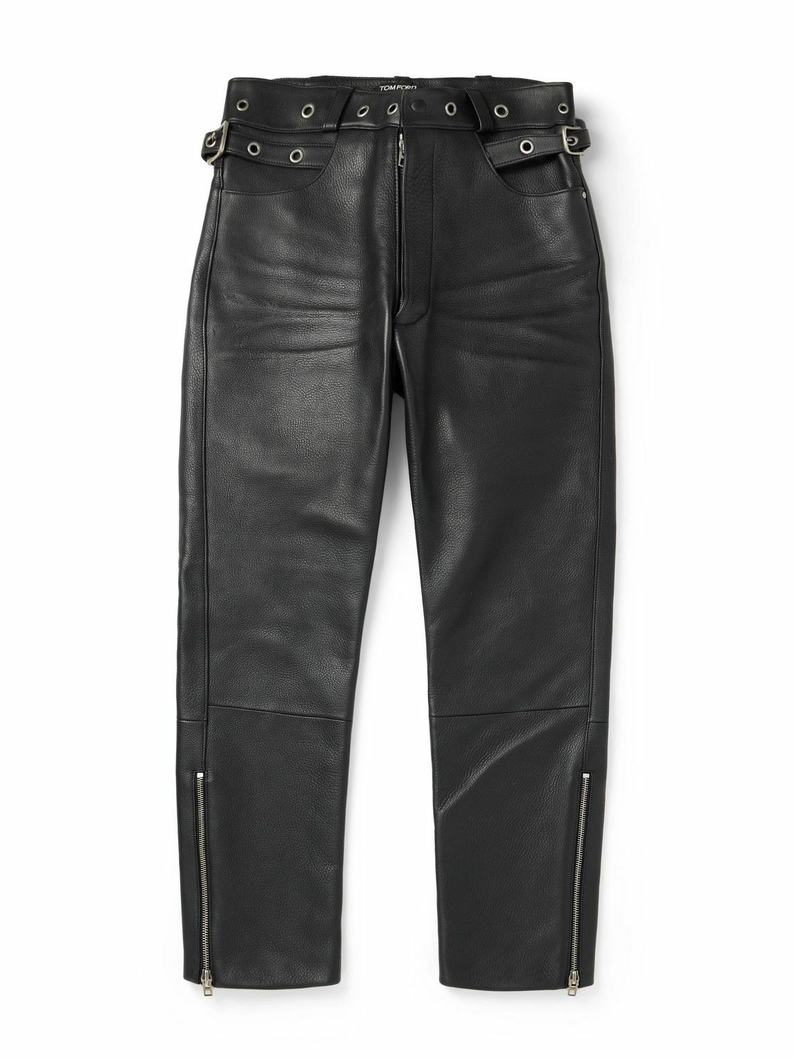 TOM FORD - Straight-Leg Eyelet-Embellished Paneled Full-Grain Leather Trousers - Black