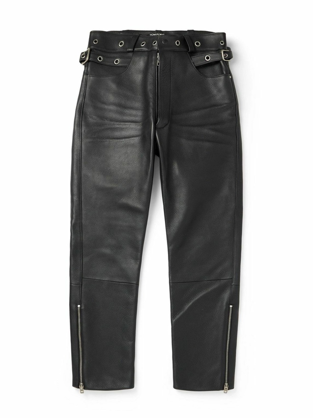 Photo: TOM FORD - Straight-Leg Eyelet-Embellished Paneled Full-Grain Leather Trousers - Black