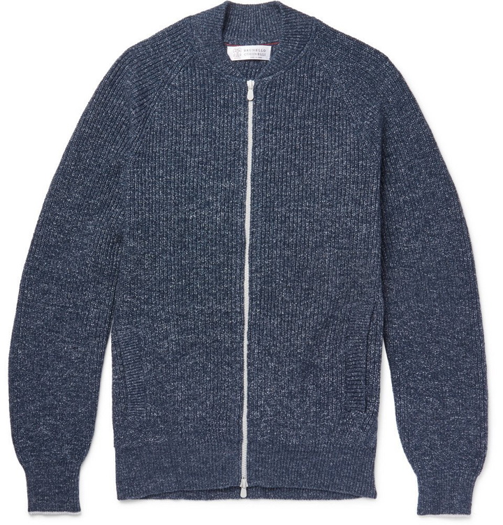 Photo: Brunello Cucinelli - Slim-Fit Mélange Cotton Zip-Up Cardigan - Blue