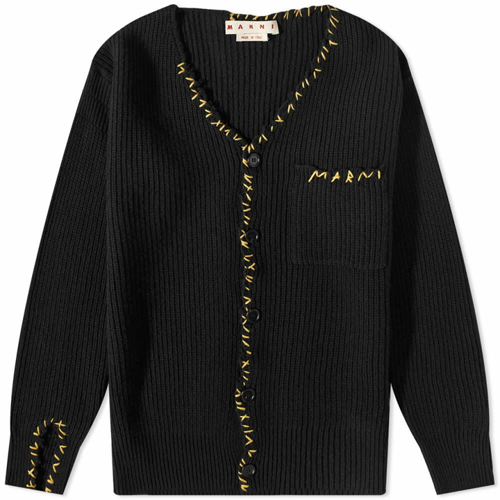 Photo: Marni Men's Sheltland Wool Repair Logo Cardigan in Black