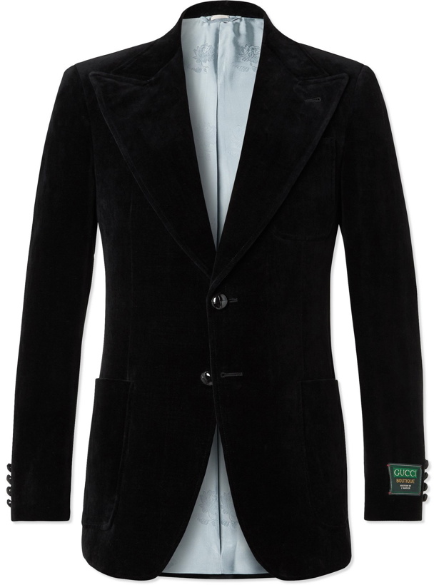 Photo: GUCCI - Logo-Appliquéd Cotton and Linen-Blend Velvet Blazer - Black