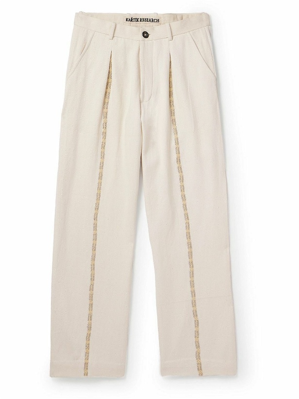Photo: Kartik Research - Embellished Pleated Cotton Straight-Leg Trousers - Neutrals