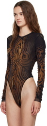 Jean Paul Gaultier Black Mesh Double Layer Printed Wood Bodysuit