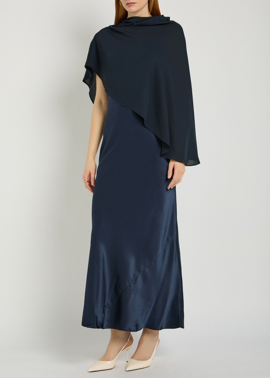 Reformation Lilibeth Cape-effect Silk Midi Dress Navy