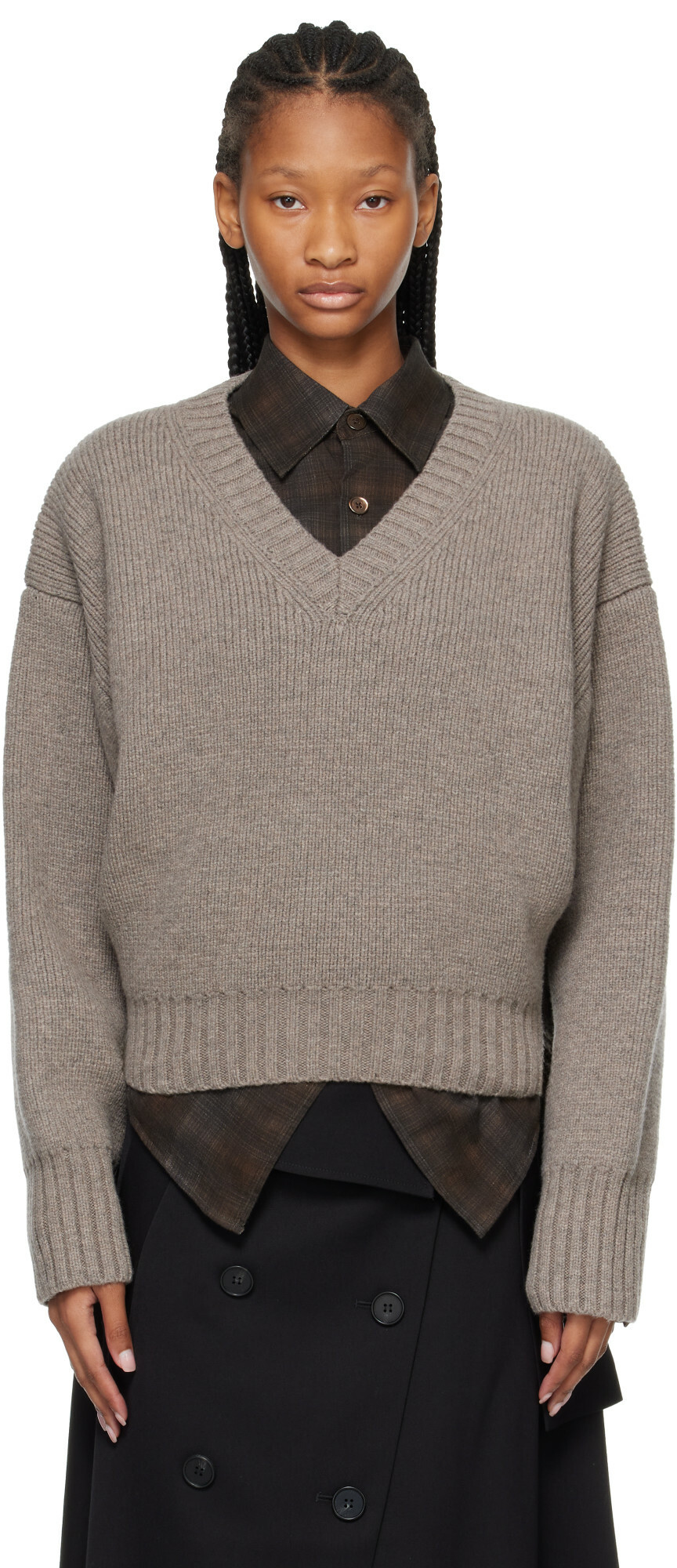 Róhe Taupe Sculptural Compact V-neck Sweater