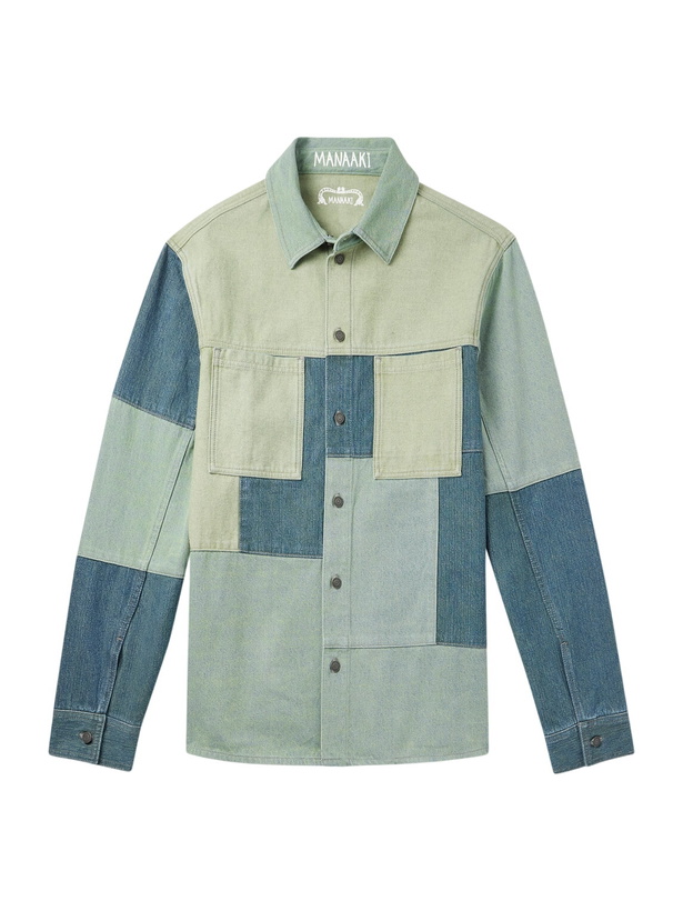 Photo: MANAAKI - Patchwork Denim Shirt - Green