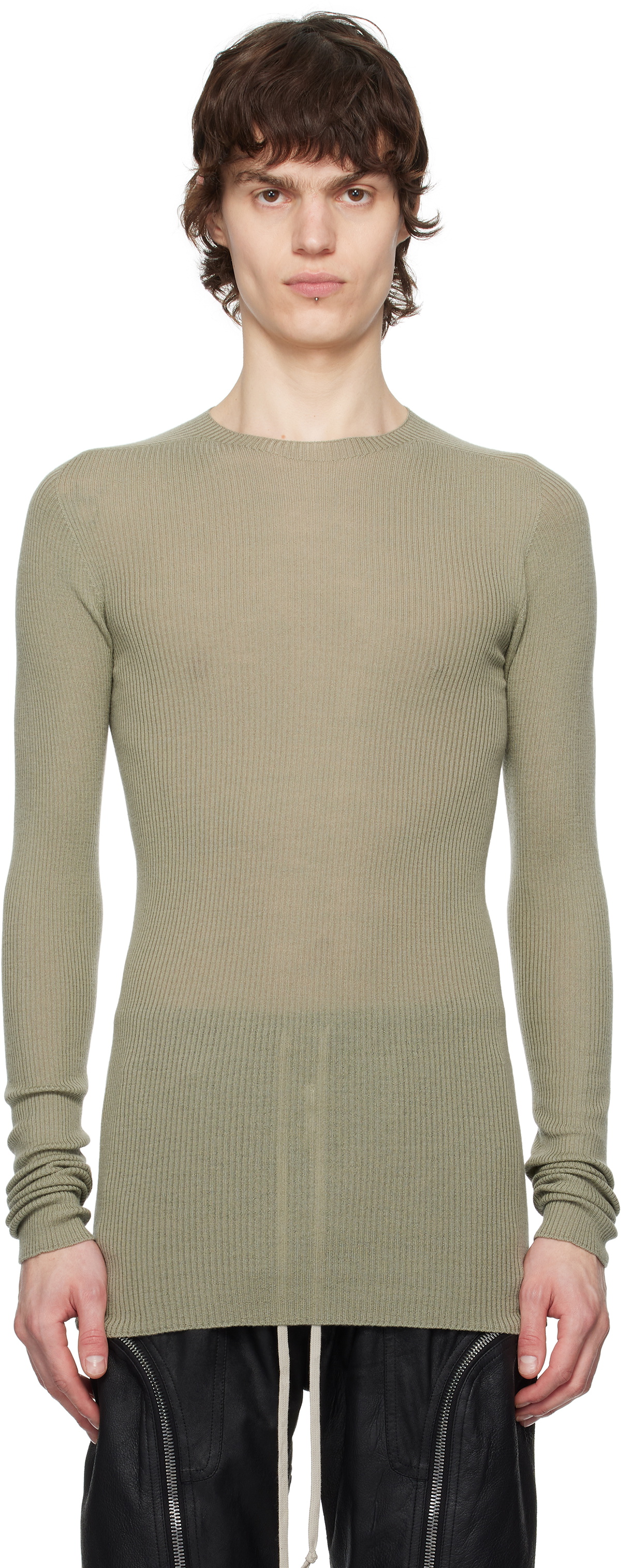 Rick Owens Green Hollywood Ribbed Round Neck Sweater Rick Owens