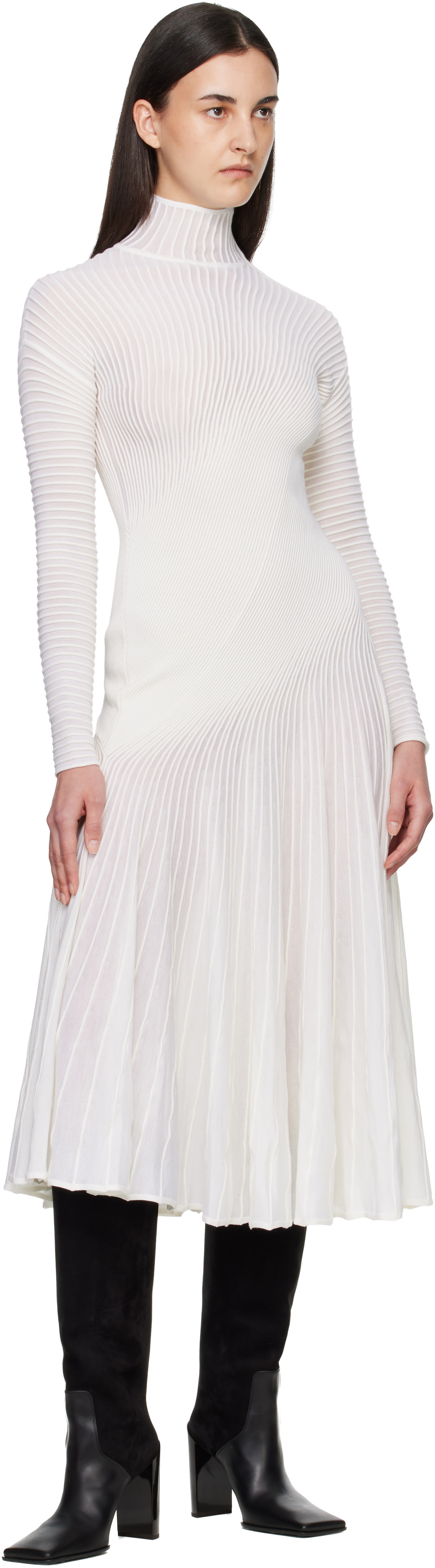 ALAÏA White Twisted Fine Wool Midi Dress
