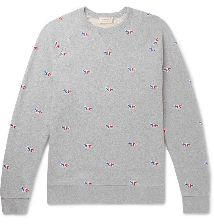 Photo: Maison Kitsuné - Embroidered Mélange Loopback Cotton-Jersey Sweatshirt - Gray