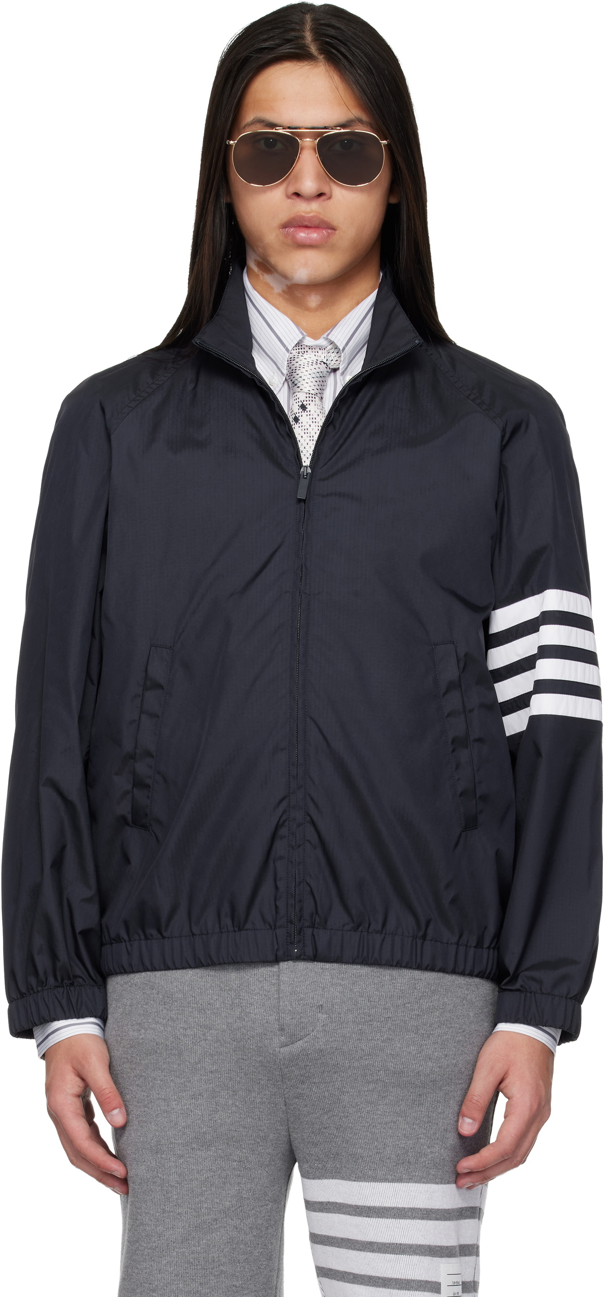 Thom Browne Navy Funnel Neck Reversible Jacket Thom Browne