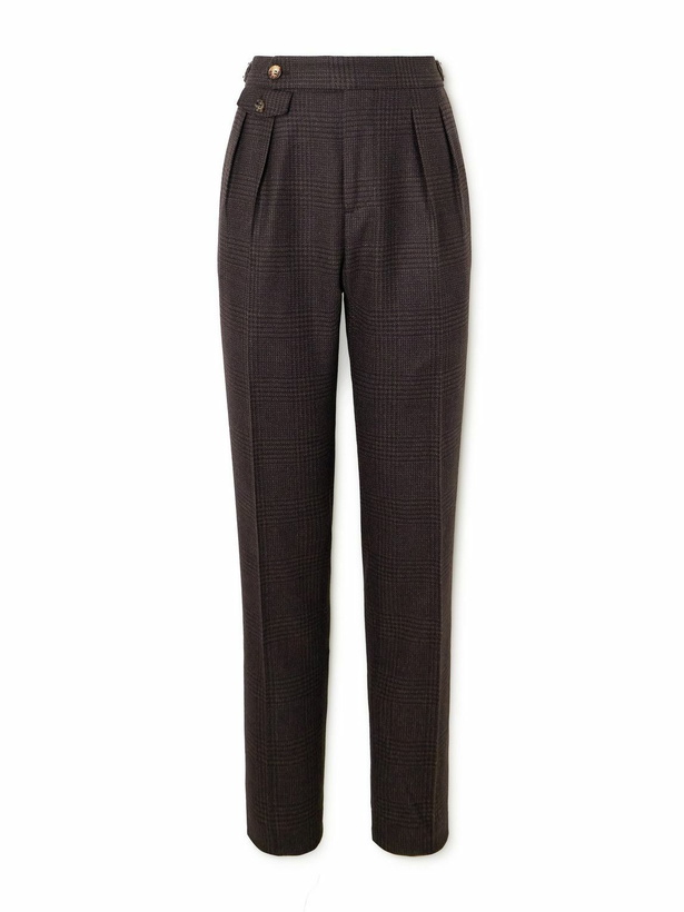 Photo: Brunello Cucinelli - Straight-Leg Pleated Prince of Wales Wool, Cashmere and Silk-Blend Suit Trousers - Brown