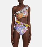 Zimmermann - Pattie floral one-shoulder cutout swimsuit