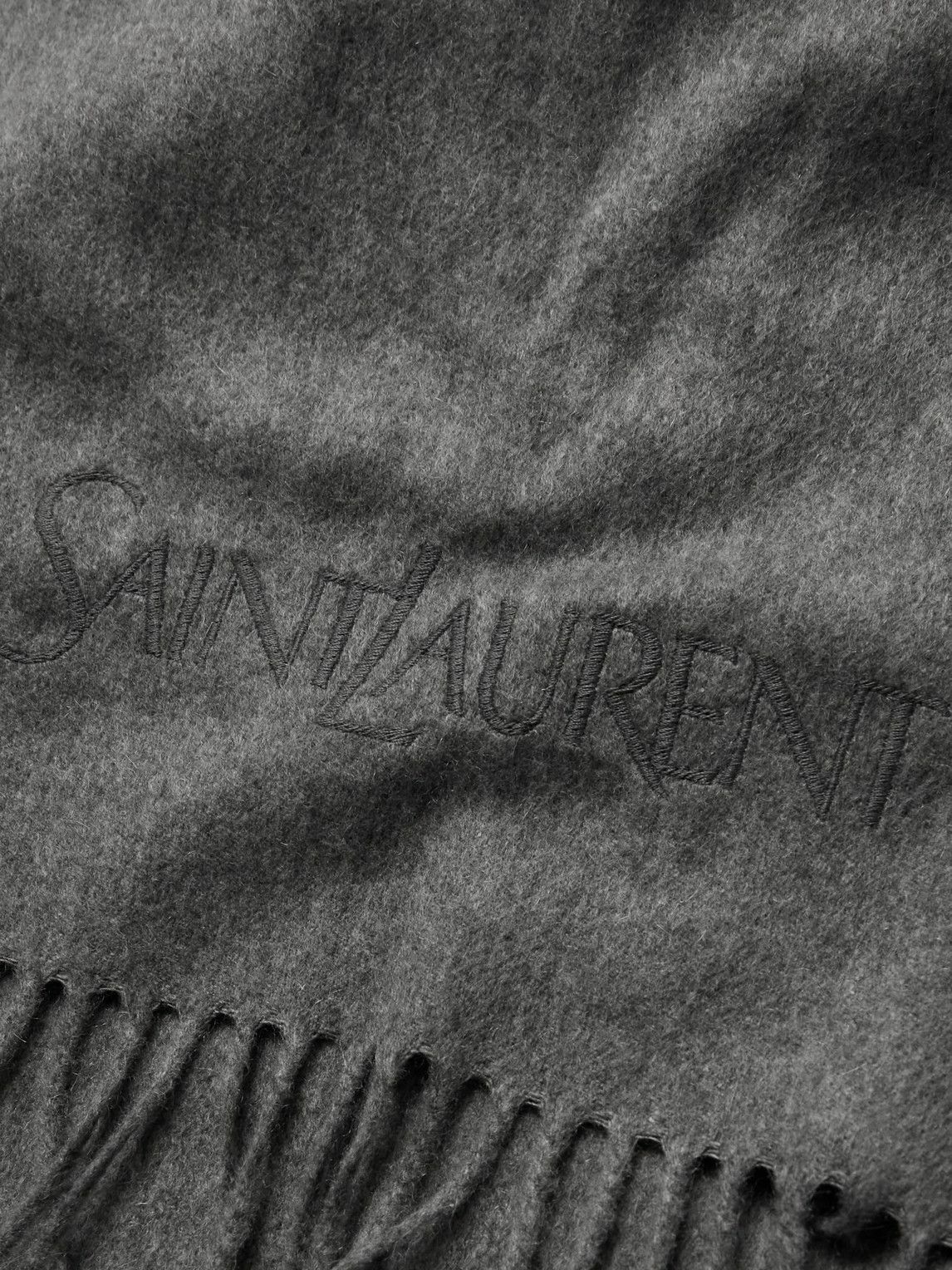 SAINT LAURENT - Logo-Embroidered Fringed Cashmere Scarf