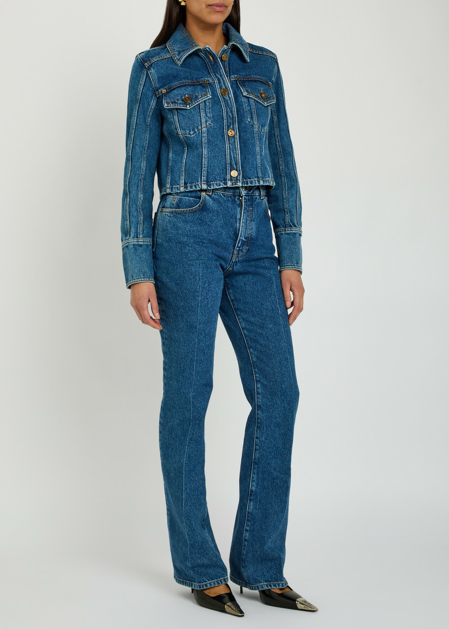 Balmain Cropped Denim Jacket Dark Blue
