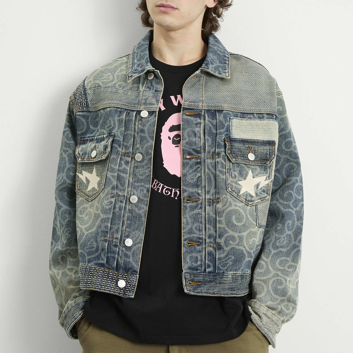 A Bathing Ape Men's Cloud Camo Upcycled Denim Trucker Jacket in Navy
