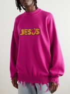 VETEMENTS - Jesus Loves You Distressed Merino Wool Sweater - Pink