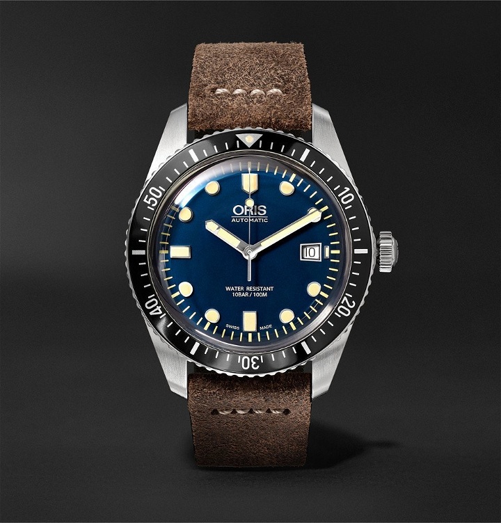 Photo: Oris - Divers Heritage Sixty-Five 42mm Stainless Steel and Burnished-Leather Watch - Men - Midnight blue