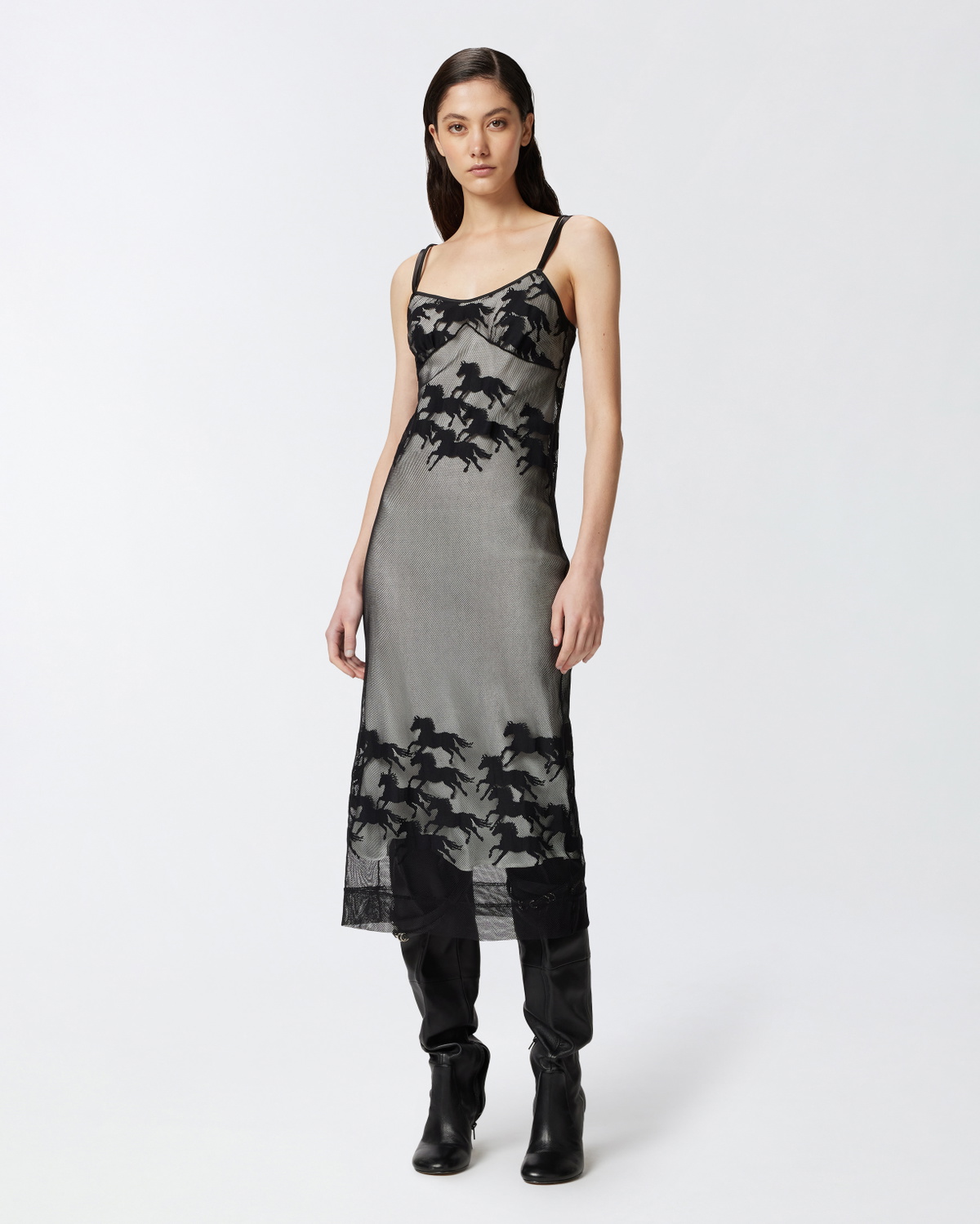 Pinko Reimagine By Pinko X Patrick Mc Dowell Sheer Midi Dress With Horse Motif Black/White