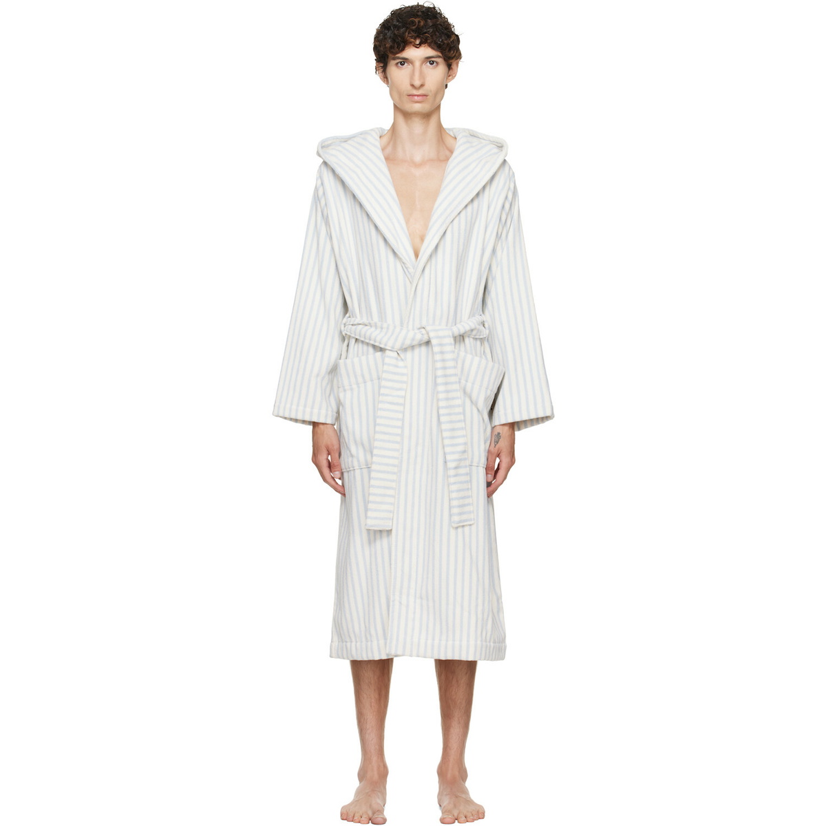 Tekla White & Blue Terry Hooded Bathrobe